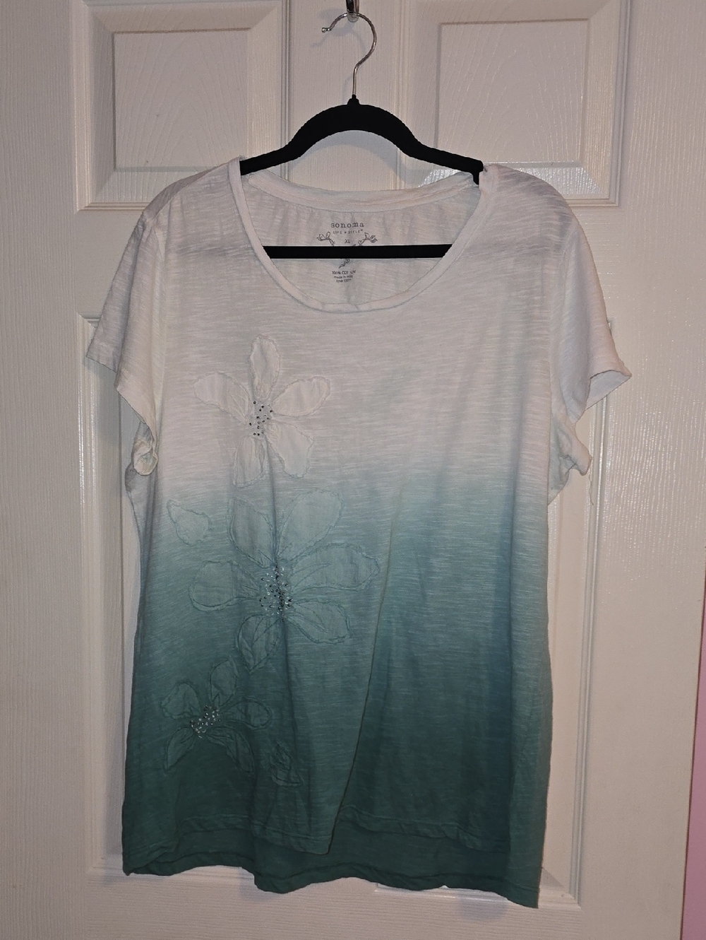 Sonoma White to Teal Ombre Floral‎ Short Sleeve Tee with Bead Details